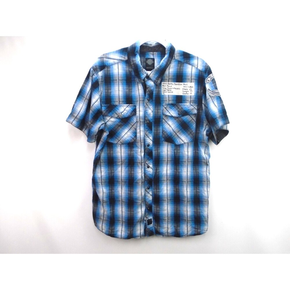 Harley Davidson Mens XL Blue Plaid Pearl Snap Short Sleeve Garage Work Shirt
